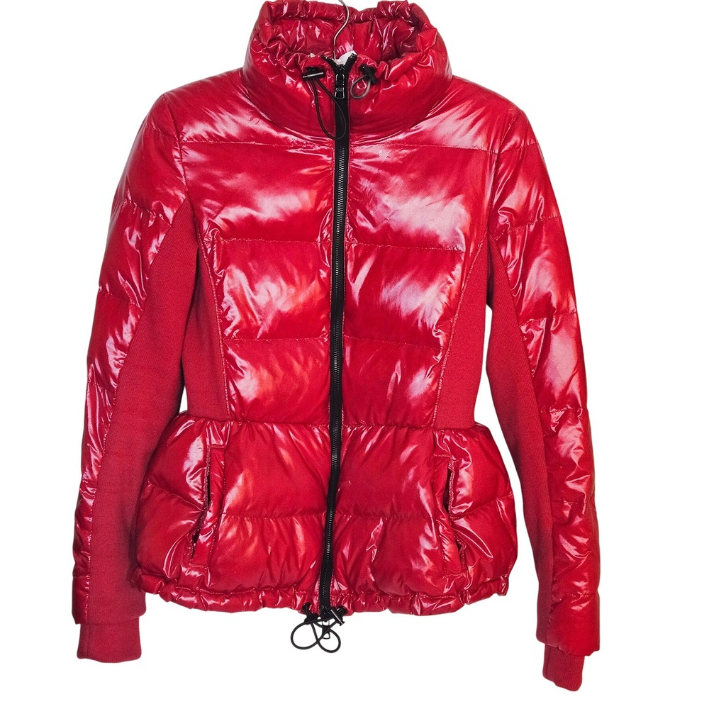 Armani Exchange Women's Red Glossy Puffer Jacket Knit Panels Full Zip Small